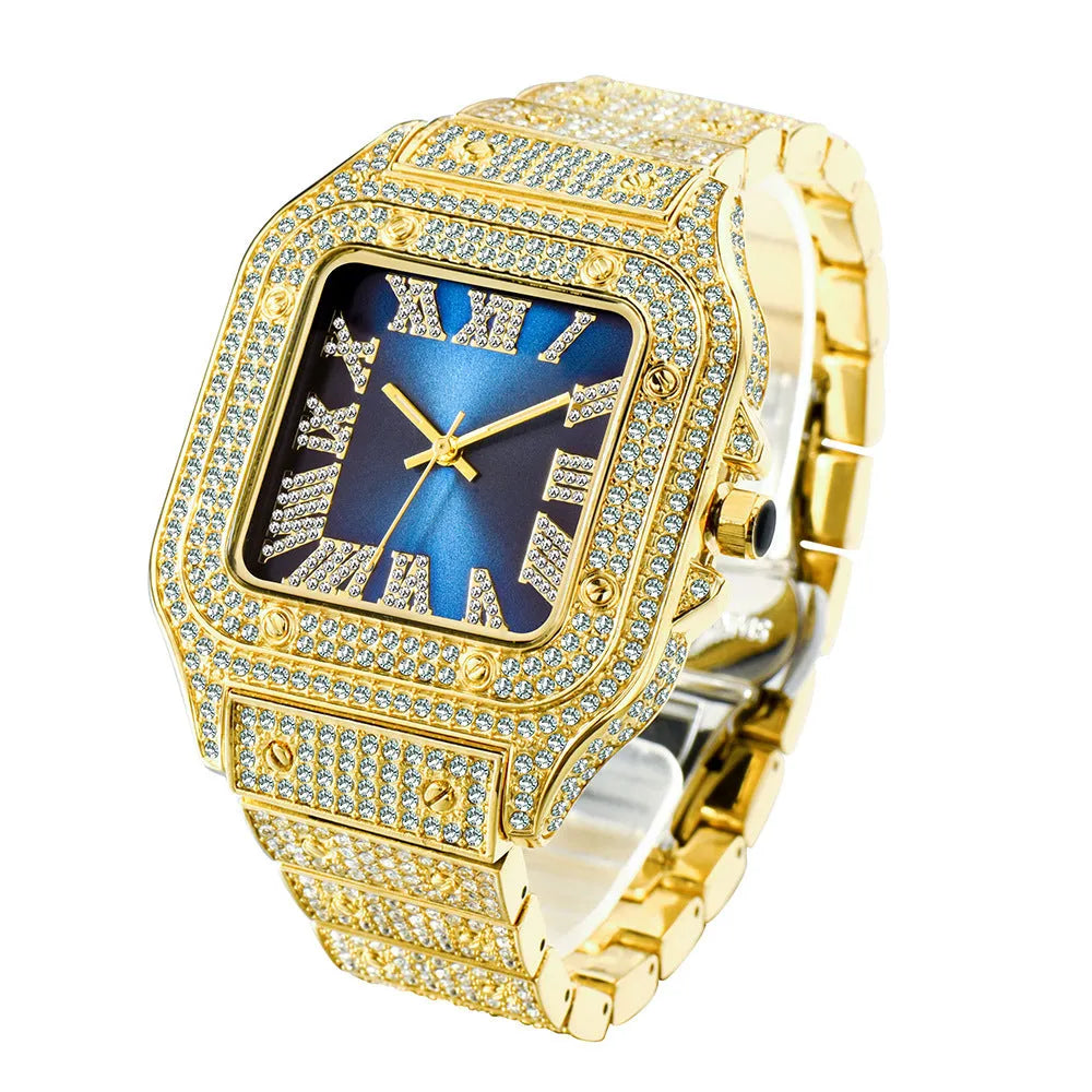 Fashion hip hop square men's watch with diamond detailing alloy strap silver white dial