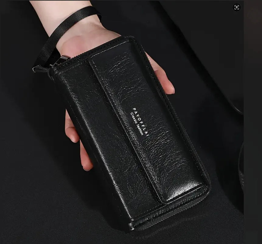 Men's black PU leather bi-fold wallet open to show multiple card slots, alongside brown and coffee colour variants.