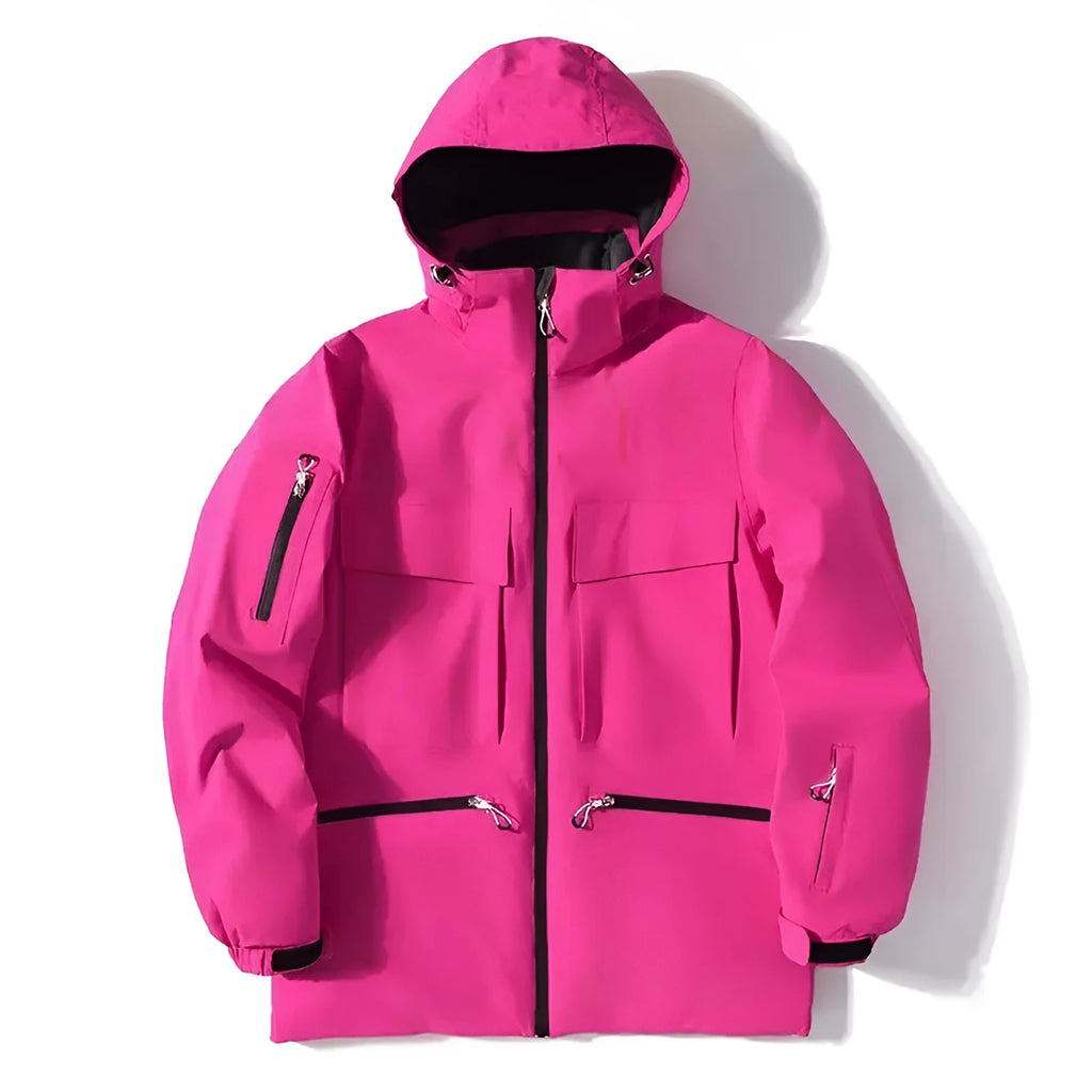 Men's winter thicken thermal hooded ski jacket in fluorescent green with full front zip and side pockets