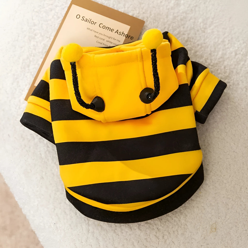 Yellow black bee stripe pet hoodie with flexible antennae on hood and belt hook on back, for dogs and cats