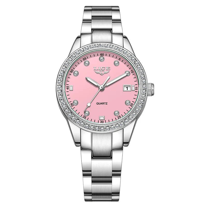 Silver Fashion Girl watch with round diamond-encrusted dial on stainless steel strap, showing luminous hands.