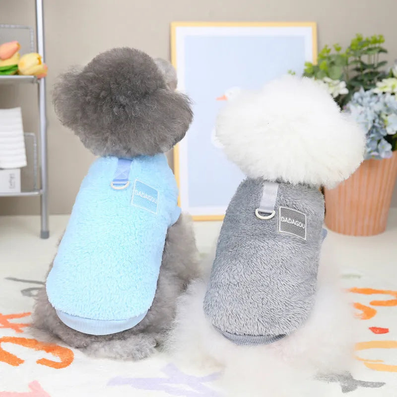 Coral fleece pet jacket with pull ring closure in blue colour on dog