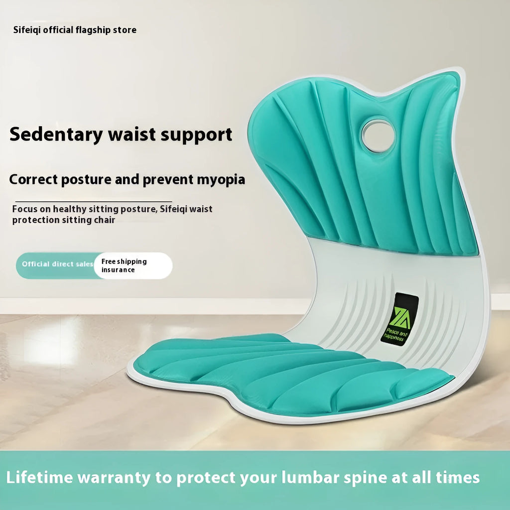 Grey ergonomic seat cushion with waist support contour on office chair