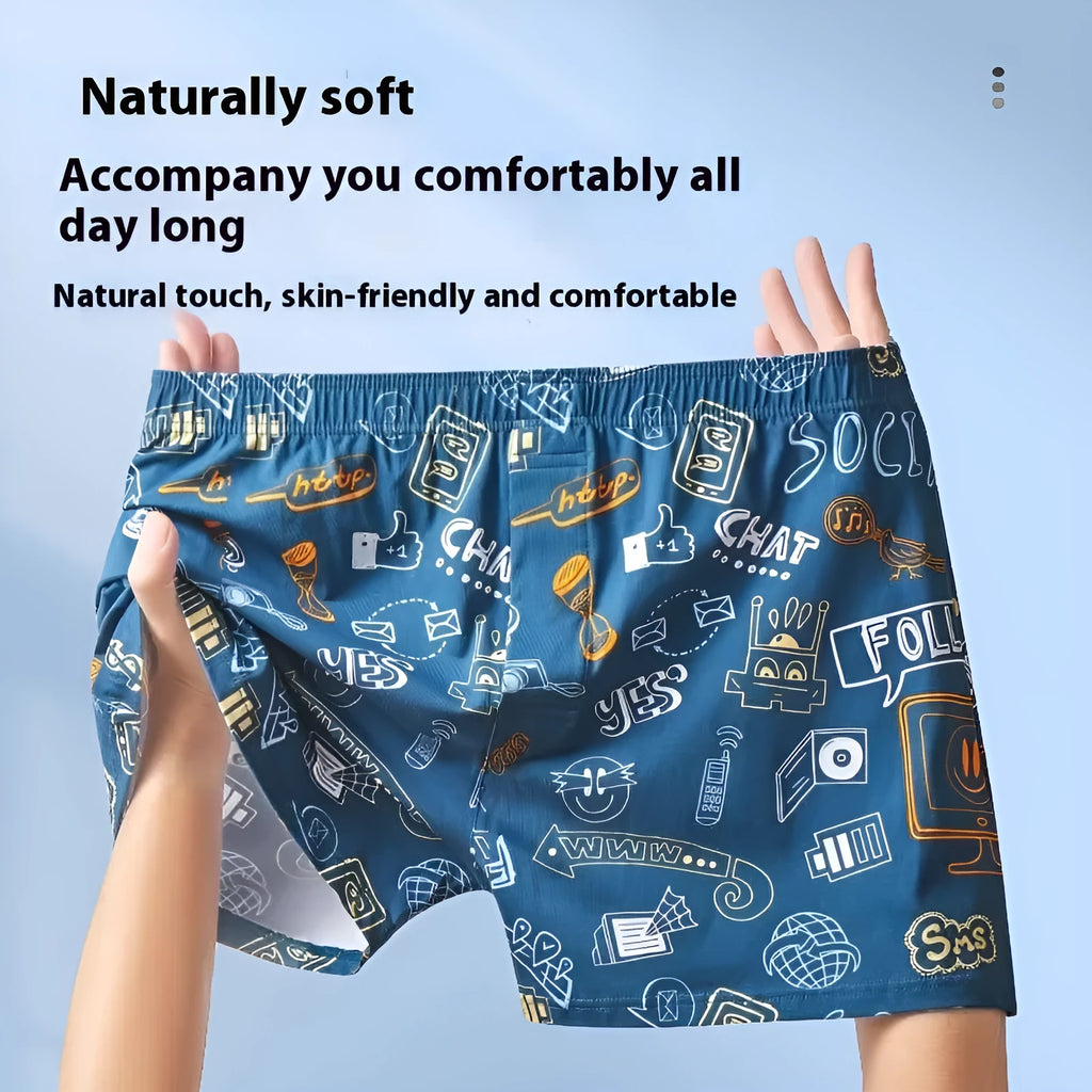 Men's cotton boxer shorts showing pattern options including Beast Carnival, floral, and space travel designs
