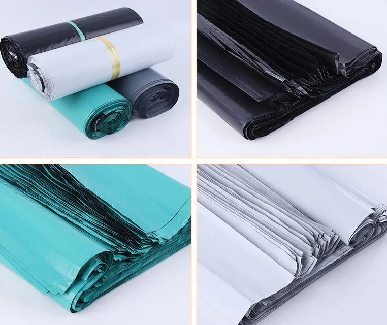 A bundle of 100 clear PE courier bags for clothing in multiple sizes, sealed with stickers.