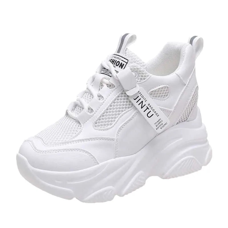 Women's black mesh platform casual shoes with hollow-out design and toe holder on a TPR sole.