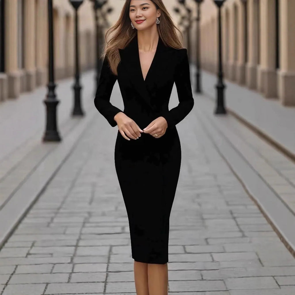 Women's high waist single-breasted coat dress in polyester fabric with long sleeves