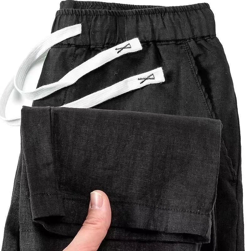 Pure linen Chinese style trousers with elastic waistband in straight leg cut available multiple colours
