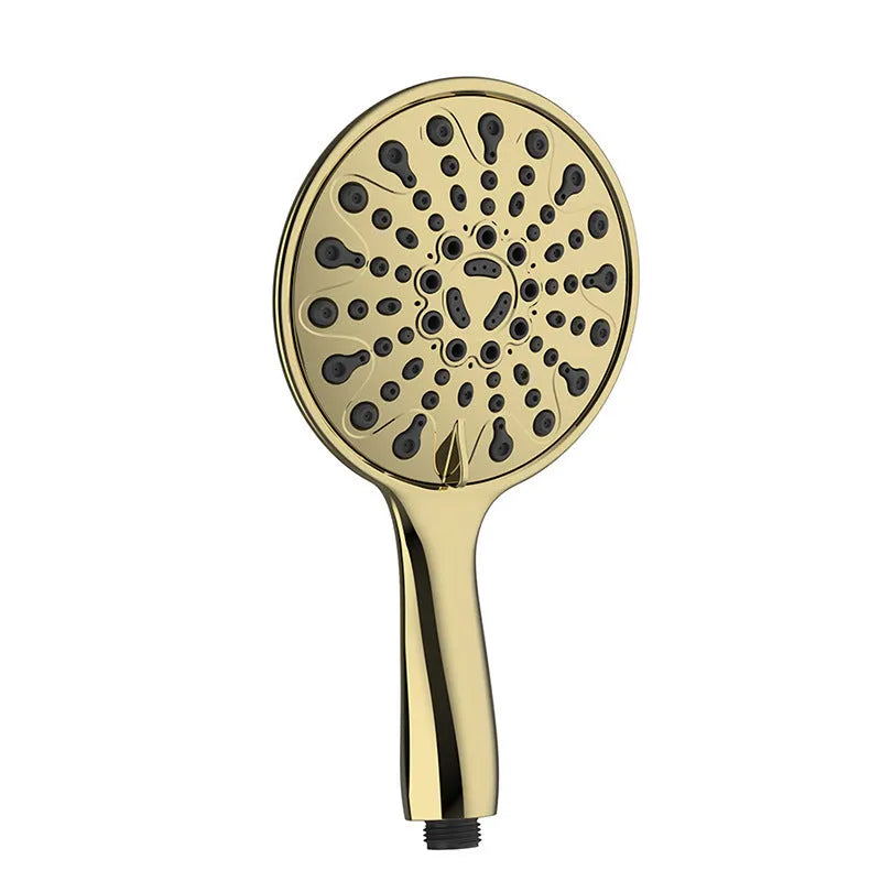 Six-function handheld shower head with electroplated finish and 6-inch diameter.