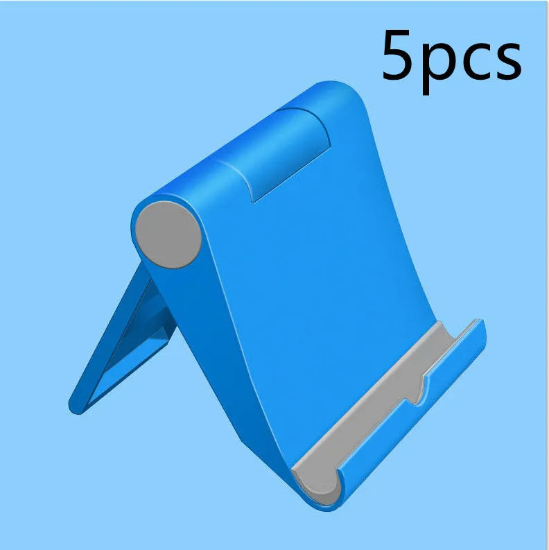 Black PE folding phone and tablet stand with soft rubber backing, shown at an adjustable angle.