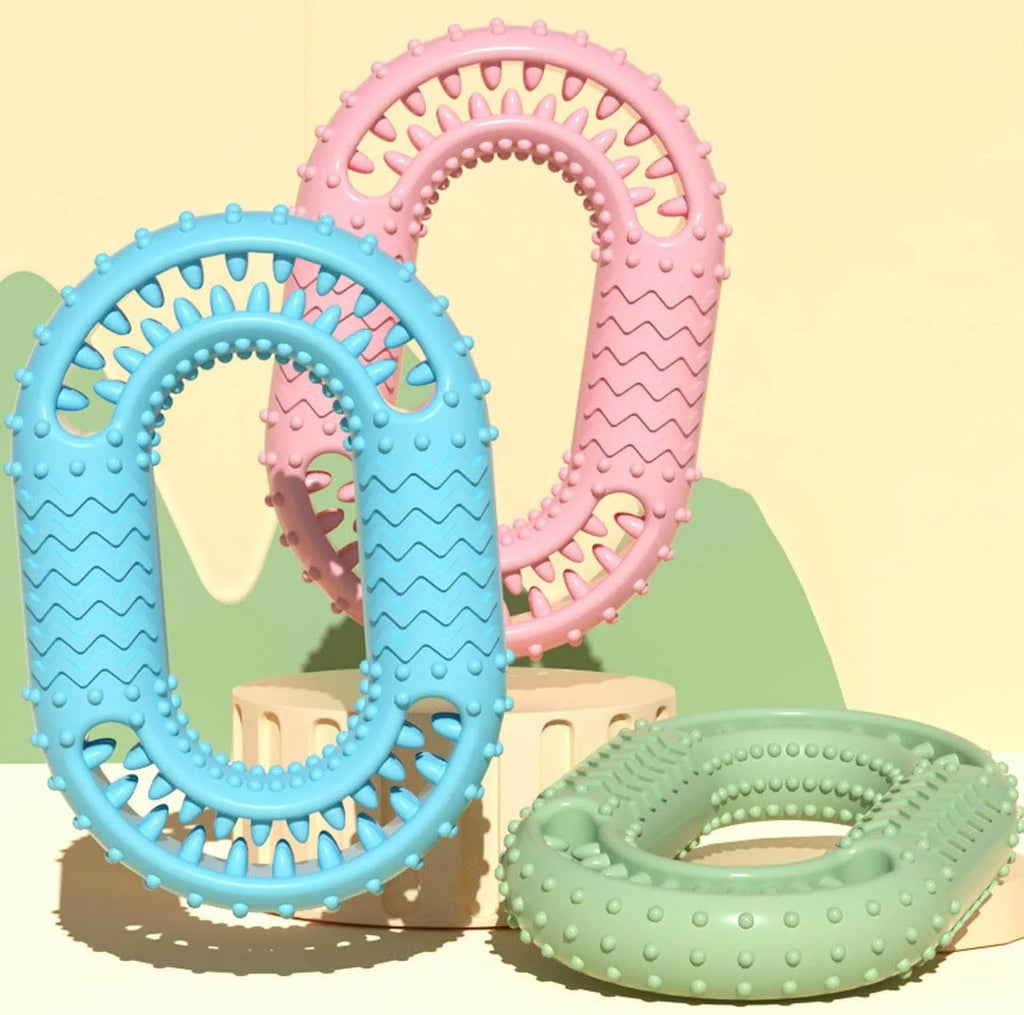 Blue O-ring shaped resistant dog chew toy for aggressive chewers on white background