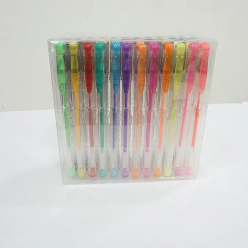 Set of 100 assorted colour gel pens with plastic bodies, shown with 0.5mm and 1.0mm tips.