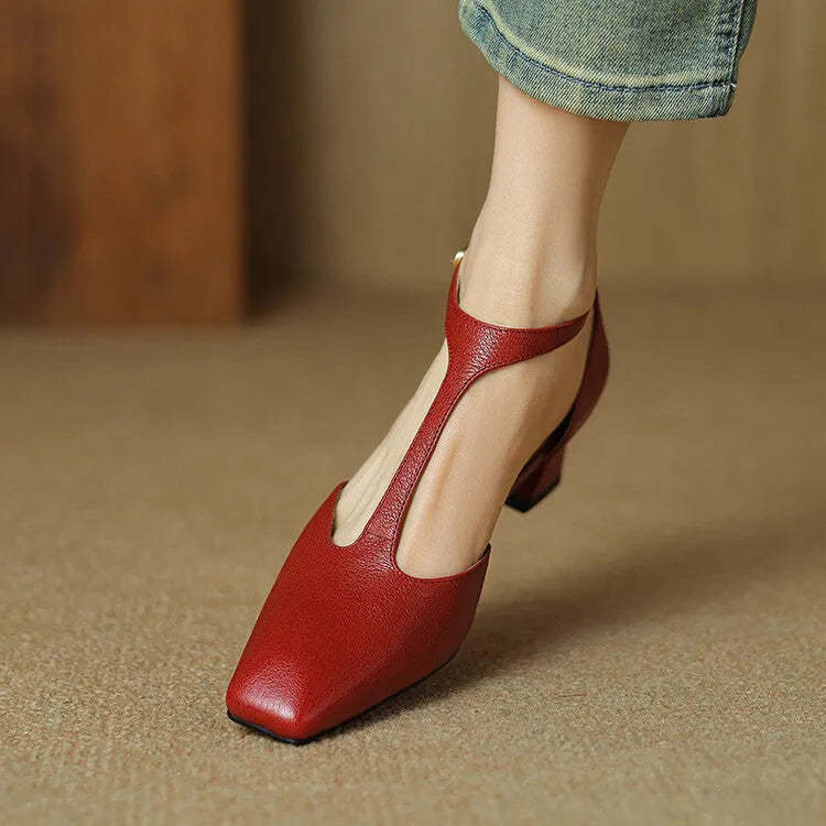 Wine red sheepskin leather high heel shoes with square toe and chunky retro heel, showing buckle fastening