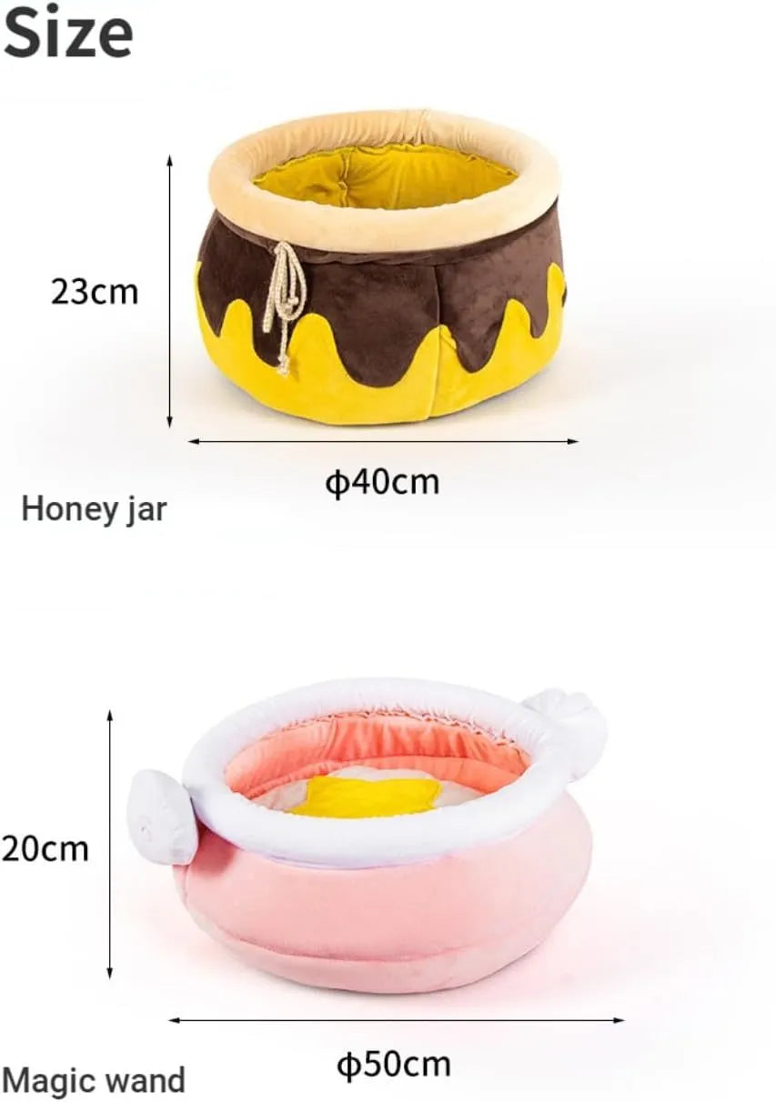 Pink and yellow honey pot shaped cat sofa bed with a removable cushion for small pets.