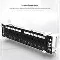 Black 12-port network distribution frame with hook bracket for wall mounting