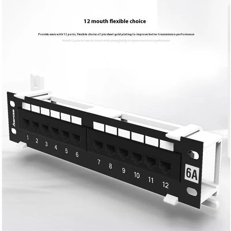Black 12-port network distribution frame with hook bracket for wall mounting