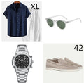Casual loose fit short sleeve cotton linen suit in navy blue with matching glasses shoes and watch accessories