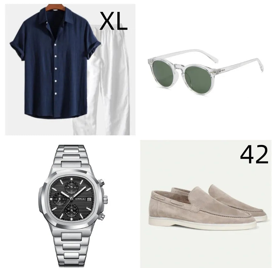 Casual loose fit short sleeve cotton linen suit in navy blue with matching glasses shoes and watch accessories