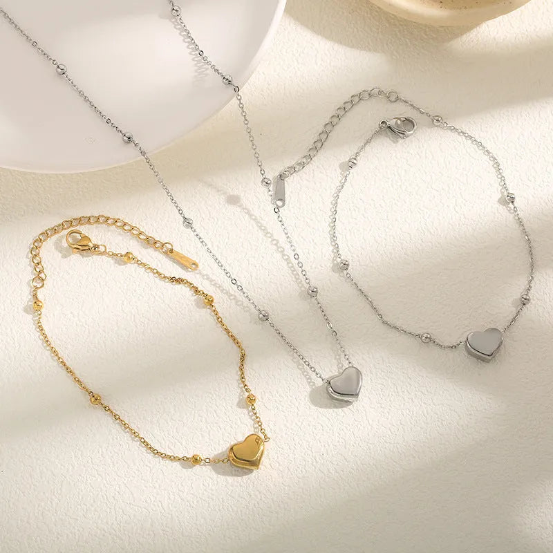 Love titanium steel necklace for women, ball bead chain, electroplated silver finish, geometric pendant