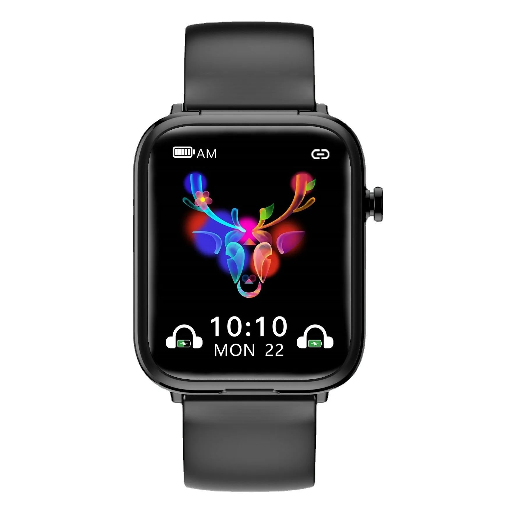 Black smartwatch with touchscreen on wrist next to its open magnetic charging case holding two wireless earbuds.