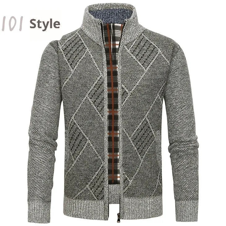 Men's thick cotton blend stand collar zipper cardigan sweater in light gray, long sleeves, size M to 3XL