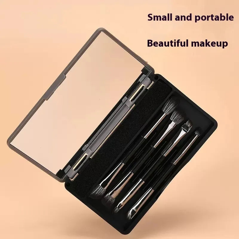 Makeup brush set with mirror showing plastic handles and artificial fibre bristles