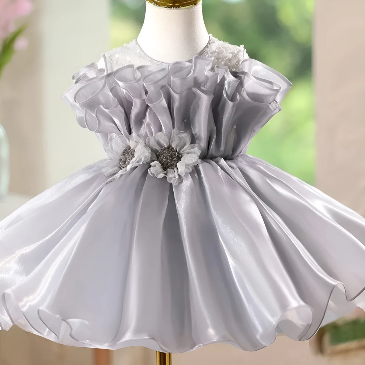 Girls' smoky grey sleeveless polyester princess dress with round neck, short length, slim fit, sizes 90cm to 160cm
