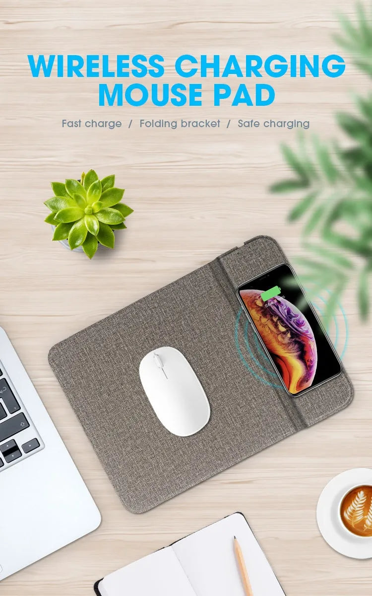 Grey foldable cloth phone holder with integrated wireless charger, showing a mobile phone standing on it at an angle.