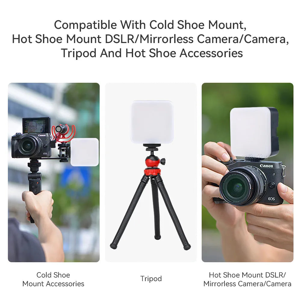 Compact black LED mini square camera flash with rotatable head on a small tripod stand