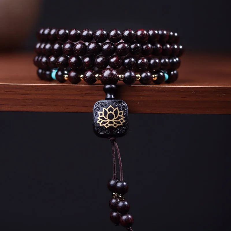 Zambia rosewood DIY bead bracelet kit with flat lotus pendant and 108 wooden beads.