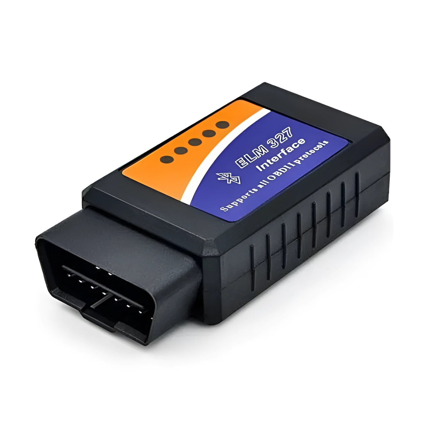 Compact dual-mode ELM327 OBD2 Bluetooth diagnostic scanner for vehicle fault codes.