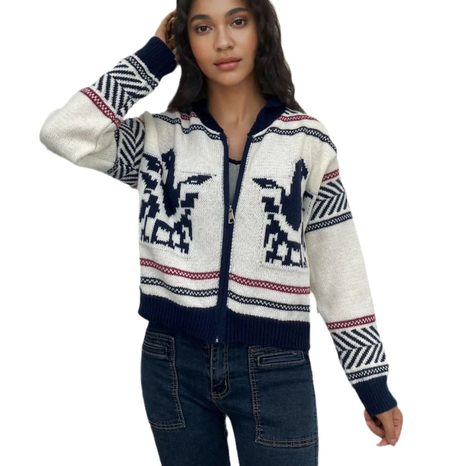 White women's zip-front cardigan with lapel collar and contrasting jacquard stripe pattern.