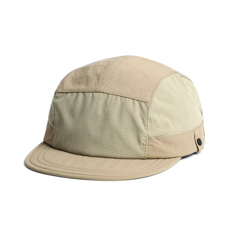 Breathable dome crown sun cap with a soft front tongue in Army Green colour on a wooden background.
