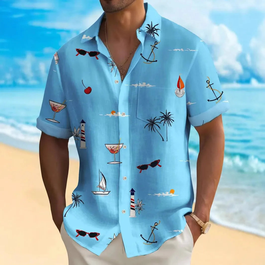 Man wearing a loose-fit, short-sleeve Hawaiian print shirt with colourful digital patterns.