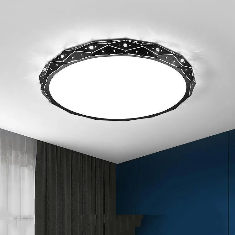 Round iron frame LED ceiling light showing black and white finish options in various diameters