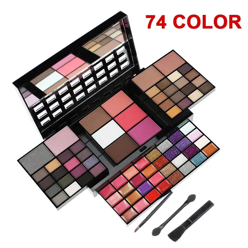 74 colour makeup palette with eyeshadows, lip glosses, concealer, blush and contouring powders in layered plates