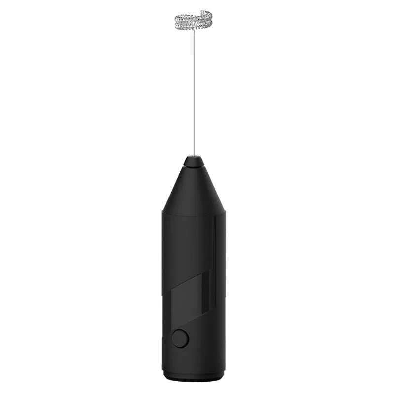 Mini handheld electric milk frother in black, white, and khaki colours with a stainless steel whisk.