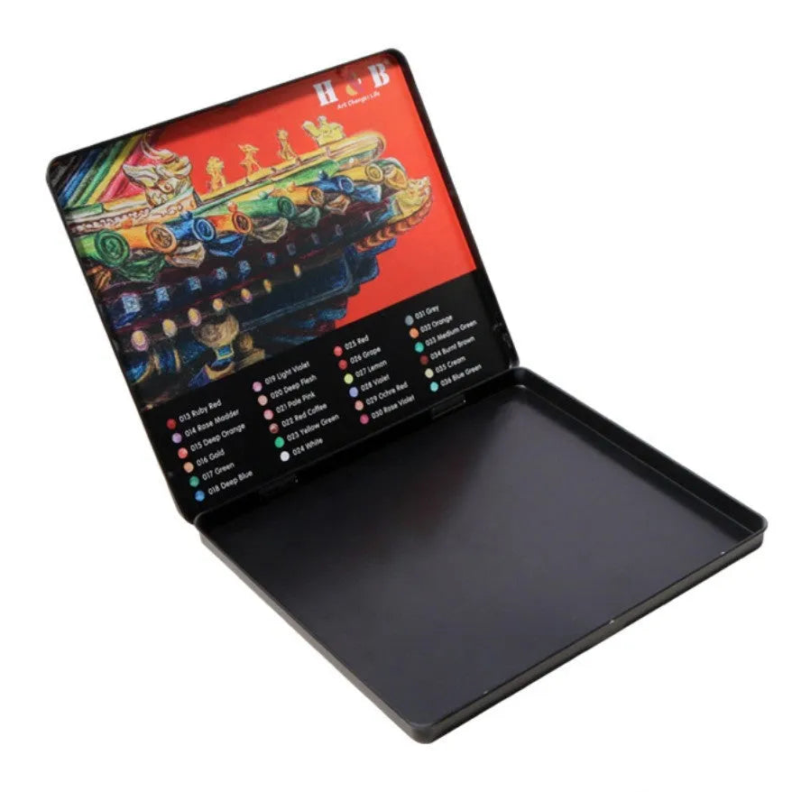 Iron box containing 24 water soluble coloured pencils in a wooden case.