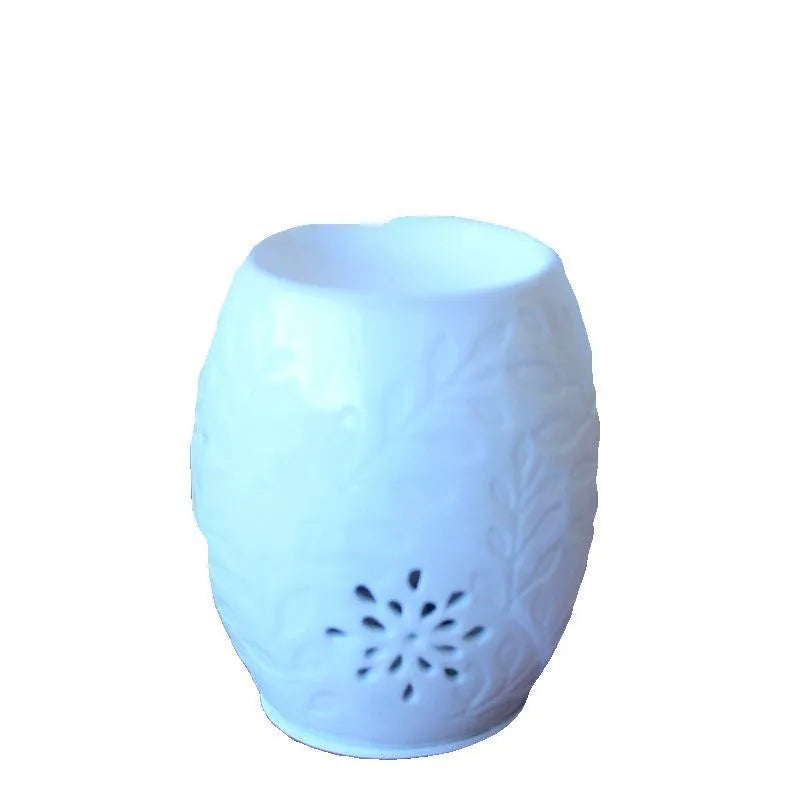 White porcelain ceramic aroma lamp incense burner with colour glaze finish and pavilion pattern