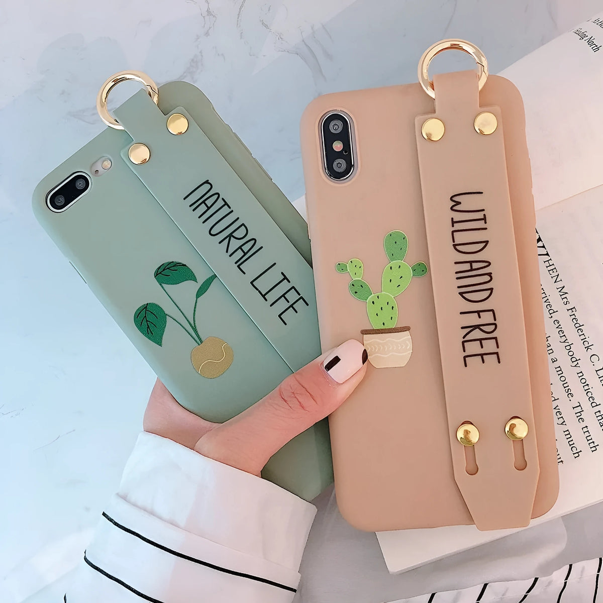 Green graffiti design wristband holder phone case for iPhone shown from the back.