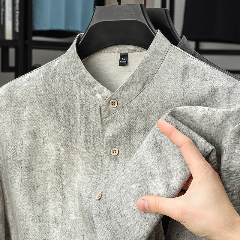 Men's loose-fit linen blend shirt with stand collar in black grey and white grey colour options