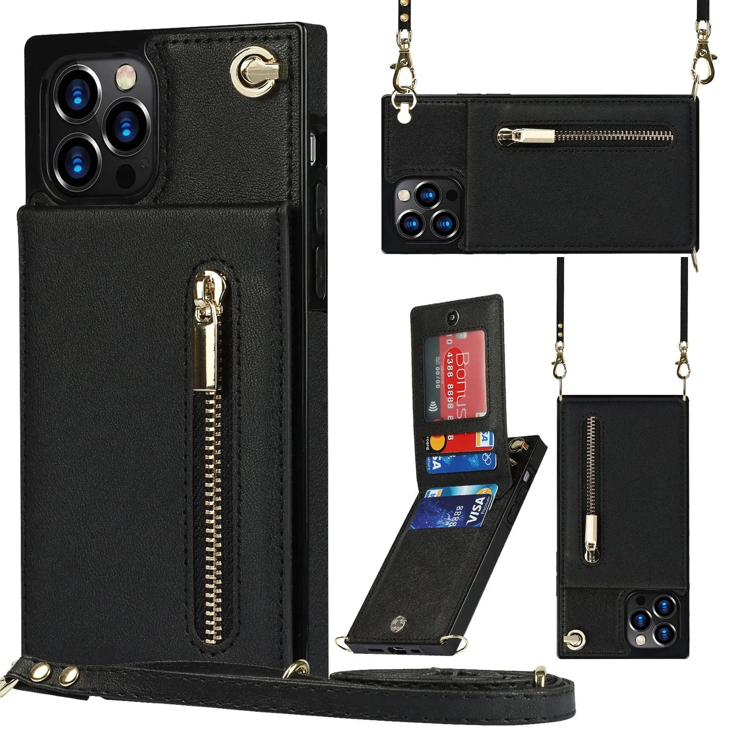 Black leather and TPU protective phone case for Samsung Galaxy or Apple iPhone models.