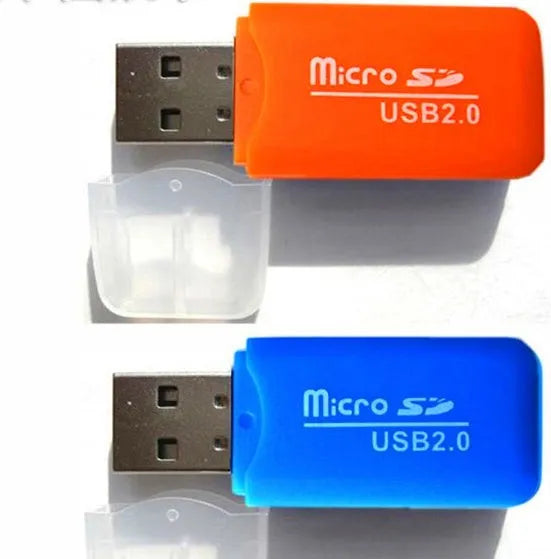 Black mini USB TF memory card reader with a separate SD card adapter on a white background.
