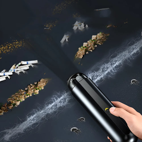 Wireless handheld car vacuum cleaner in black, white, or green with blowing hose attachment.