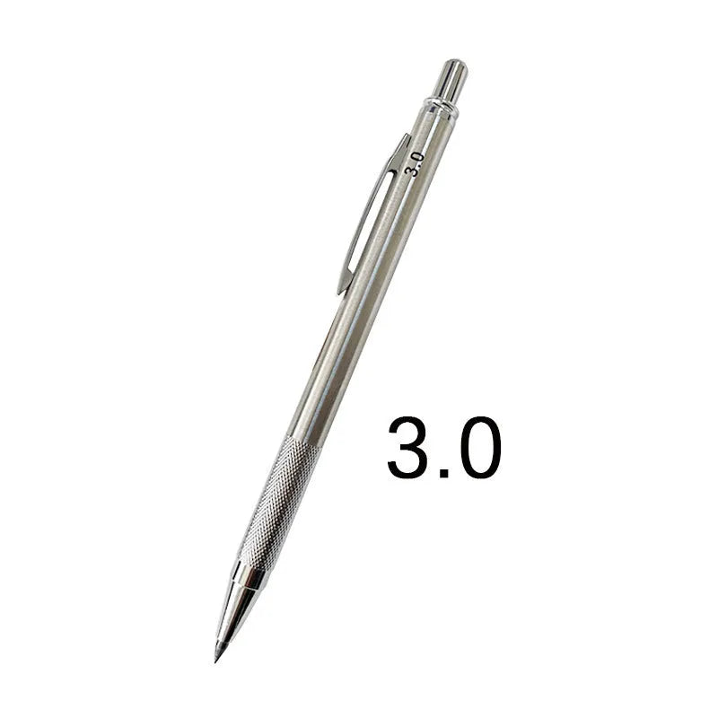 Metal mechanical pencil with automatic lead advancement mechanism and multiple lead size compatibility