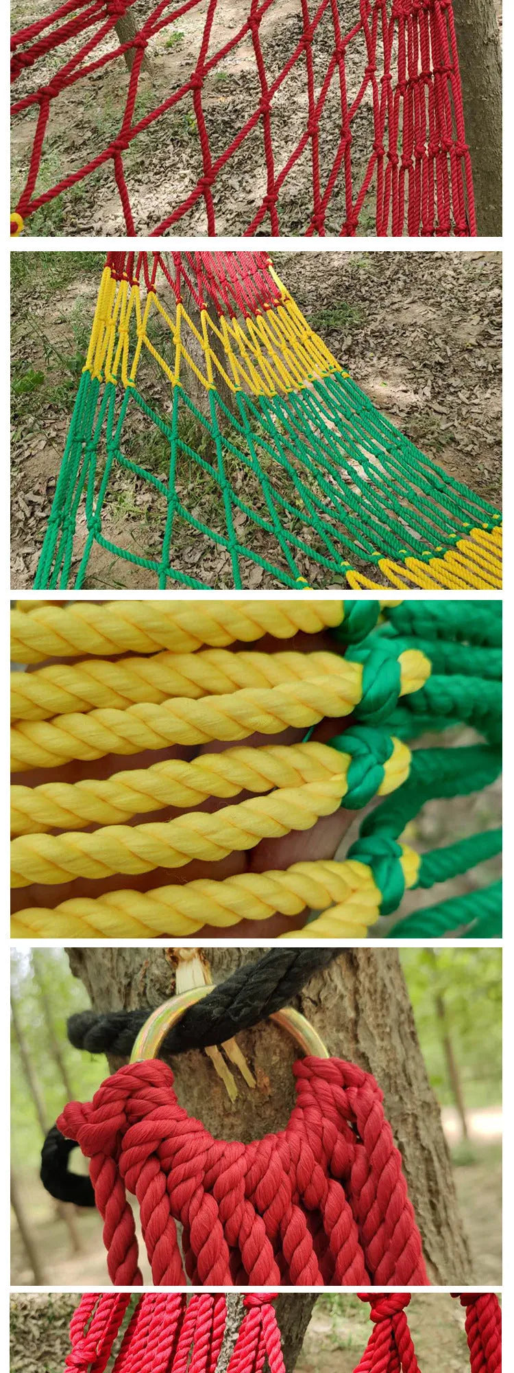 Nylon rope mesh hammock showing 1.1m width and woven construction for outdoor use
