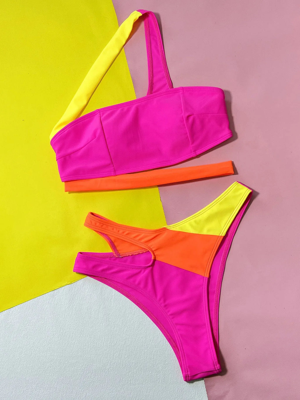 Rose red women's hollow contrast colour split bikini swimsuit set