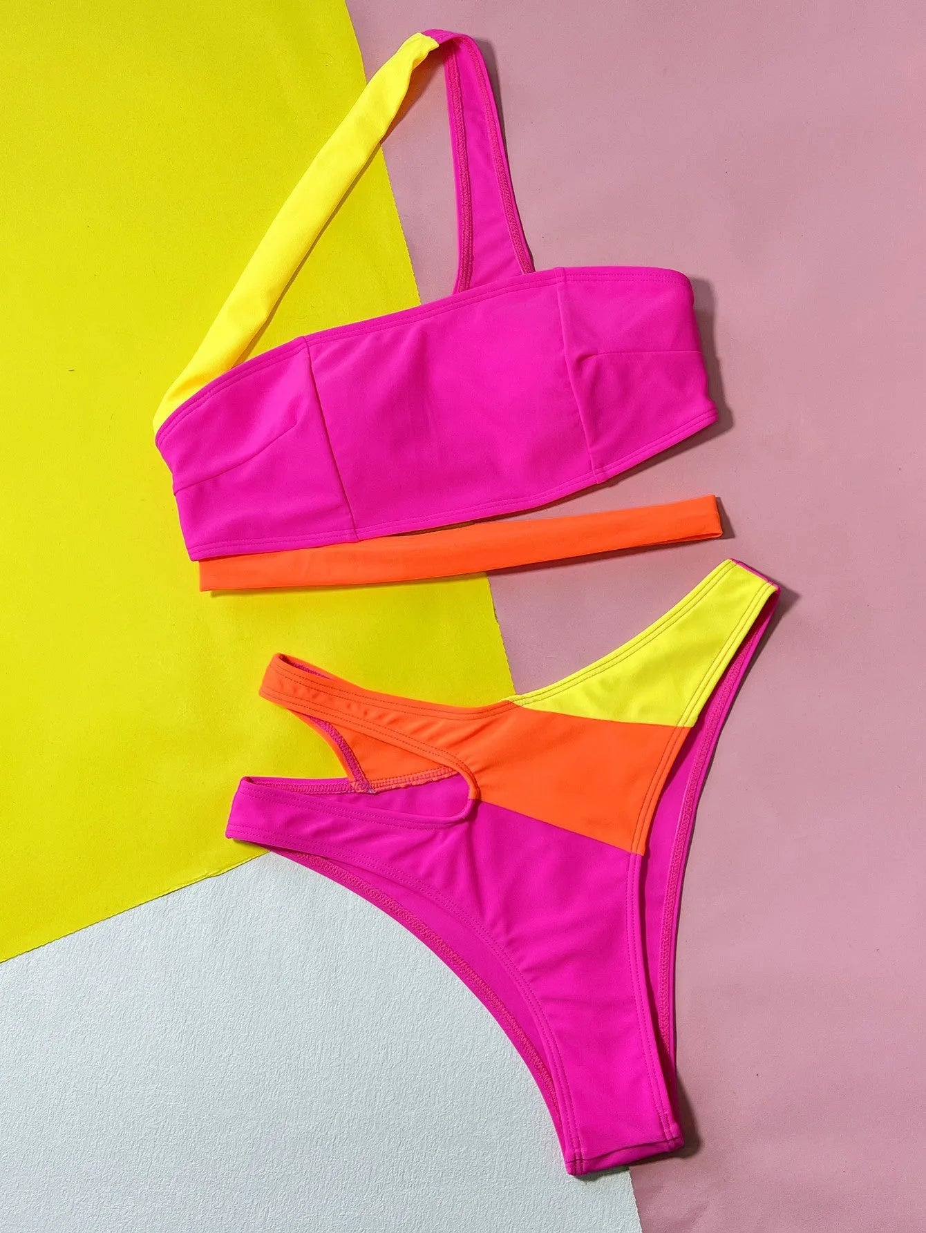 Rose red women's hollow contrast colour split bikini swimsuit set