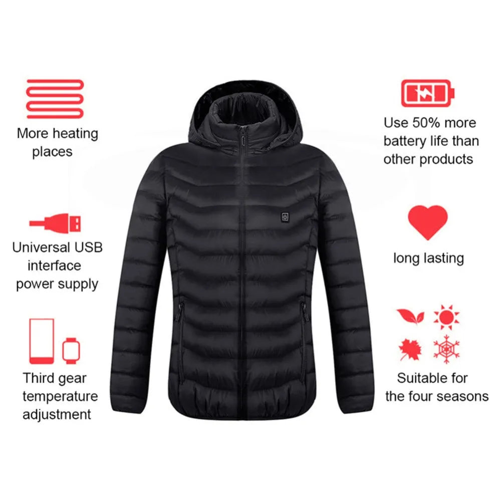 Winter heated jacket with USB carbon fibre heating, removable hood, available in black, blue, and red colours