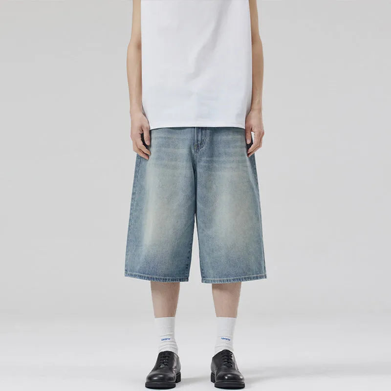 Men's cotton denim straight-leg summer shorts in loose cropped fit available in multiple colours